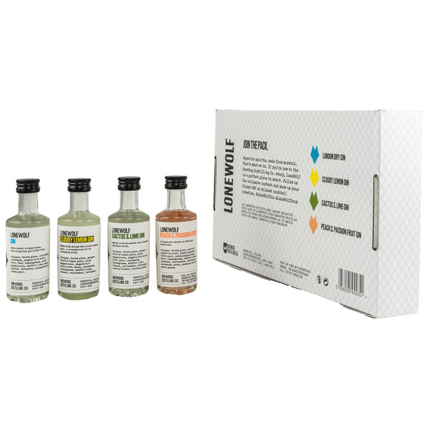 LoneWolf Gin Giftpack mit Miniaturen - 4x 0,05L - Dry, Cloudy Lemon, Cactus & Lime,  Peach & Passion